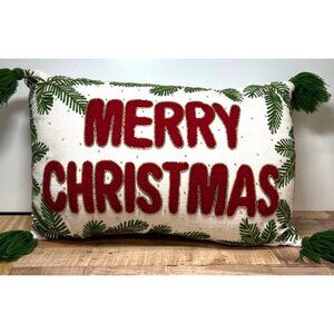 Merry Christmas Embroidered Decorative Throw Pillow With Green Tassels Beads
